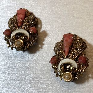 VTG W.Germany Ornate Clip-on Earrings Fan Shape Pink Stones